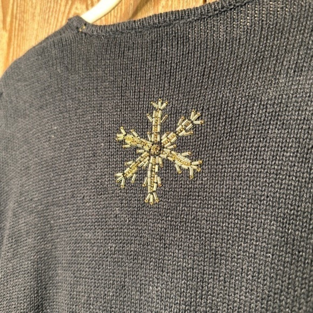 Vtg Christmas Sweater Black Beaded Sequin Poinsettia Snowflake Zip Up Womens XL - Picture 10 of 10
